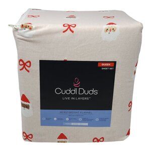 New Cuddl Duds Queen Size 4 pc Heavyweight Flannel Sheet Set Holiday Santa Heads